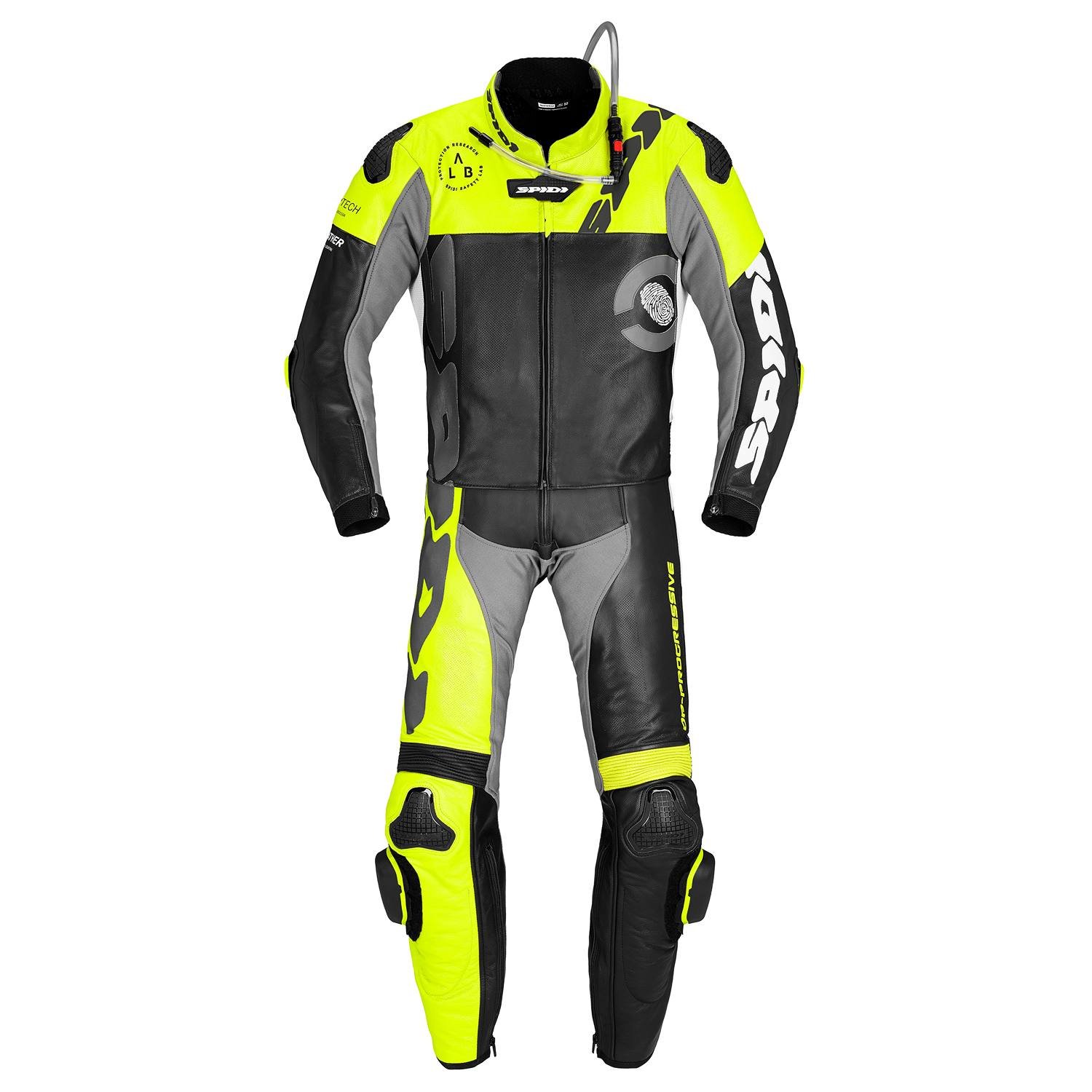 Image of Spidi DP-Progressive Touring 2pc Leather Suit Black Fluorescent Yellow Size 52 ID 8030161468977