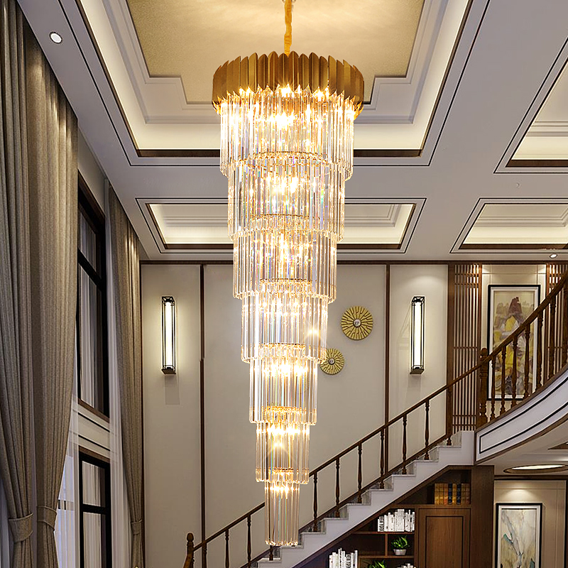 Image of Stairs Long Chandelier Villa Hotel Hall Rotating Luxury Large Chandeliers Lighting Modern Duplex Floor led Large Crystal Penant Light