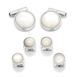 Image of Sterling Silver Ribbed MOP Cufflinks and Stud Set