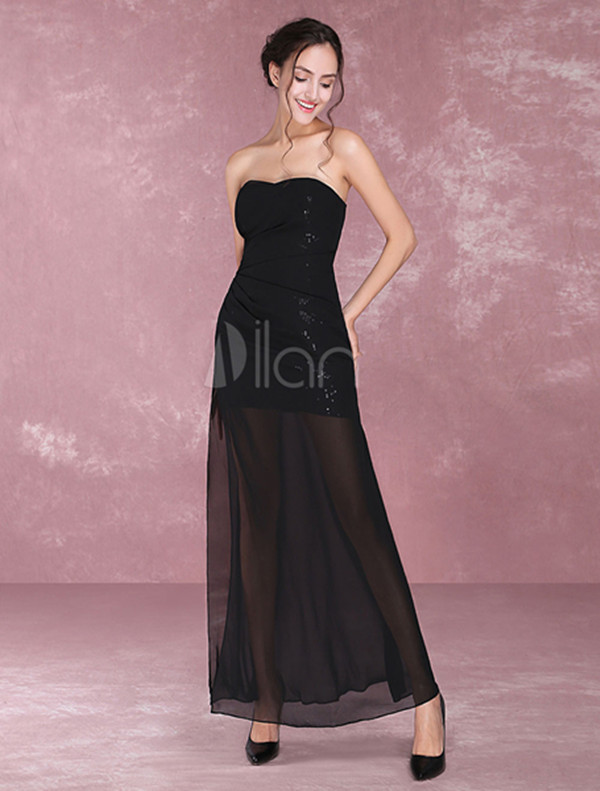 Image of Strapless Chiffon Party Prom Dresses Spring Summer Sexy Black Women Elegant High Slit Sequins Long Evening Gowns Dresses