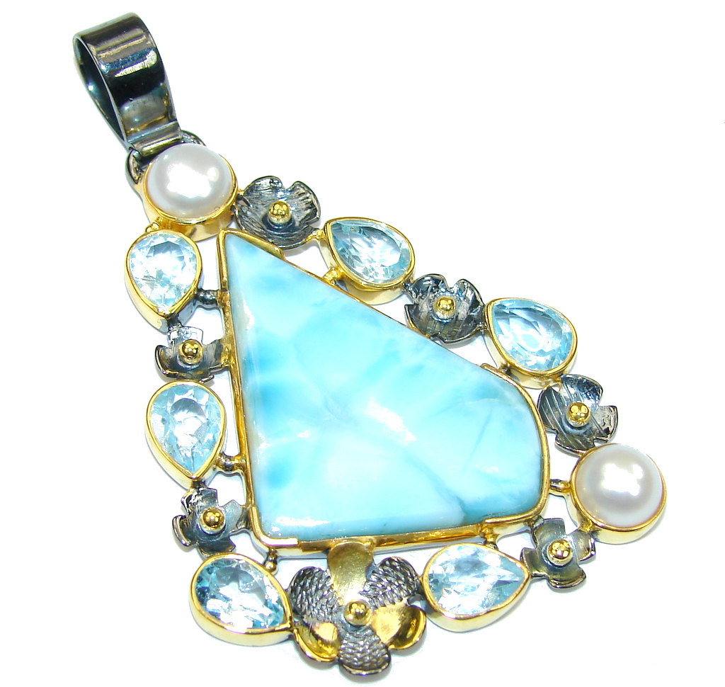 Image of Stunning AAA Blue Larimar &ampSwiss Blue Topaz &amp Fresh Water Pearl Gold Plated Rhodium Plated Sterling Silver Pendant ID 19sty1611