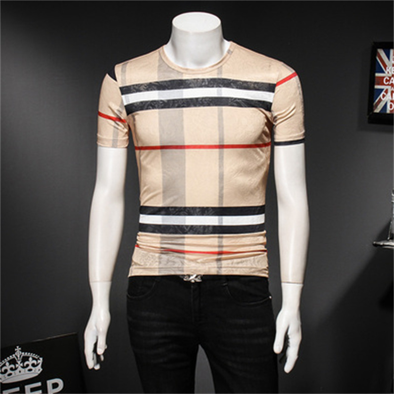 Image of Summer 2024 men&#039s tops plaid short-sleeved t-shirts ice silk printing trendy fashion youth handsome round neck casual bottoming shirts 5XL
