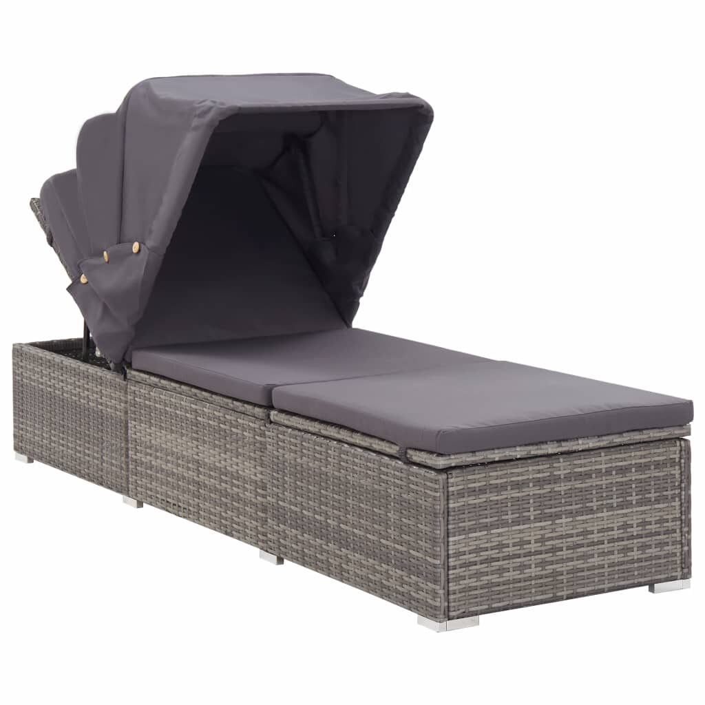 Image of Sun Lounger with Canopy and Cushion Poly Rattan Gray