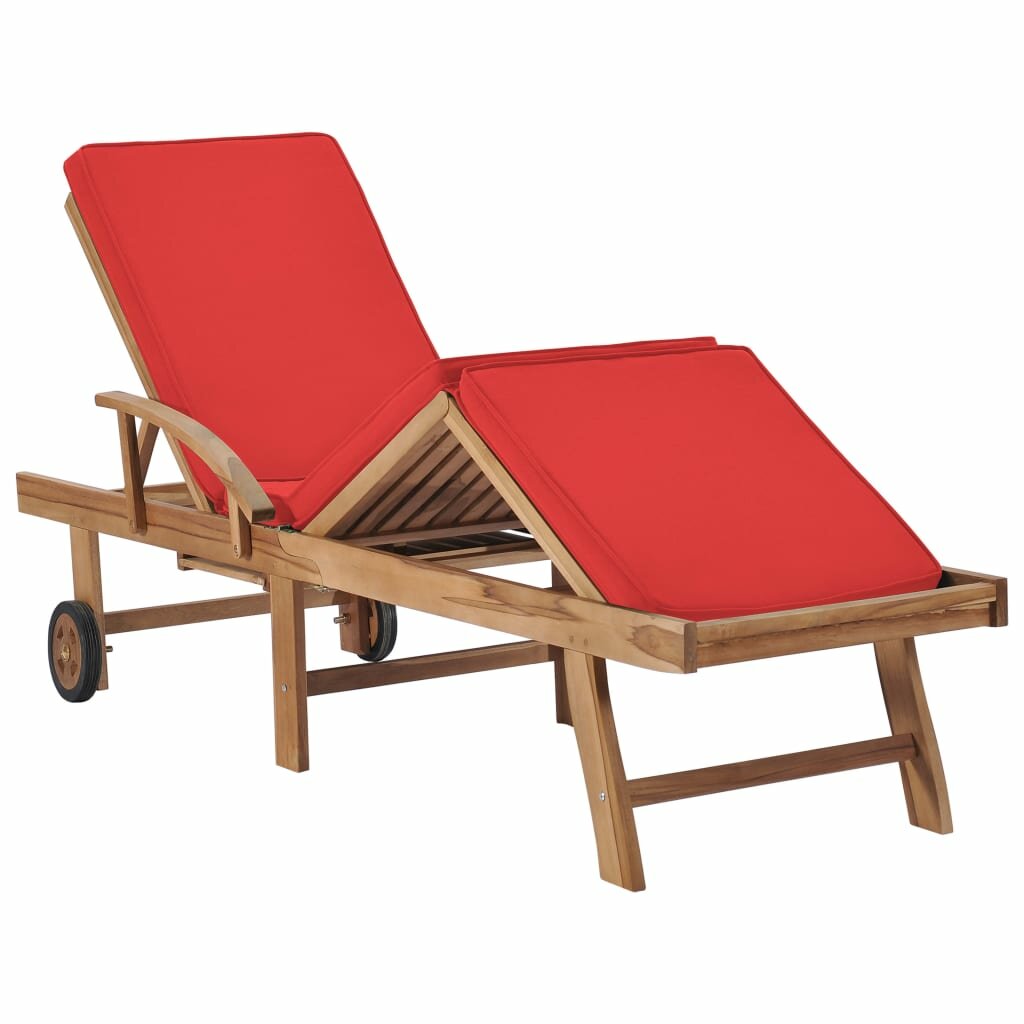Image of Sun Lounger with Cushion Solid Teak Wood Red