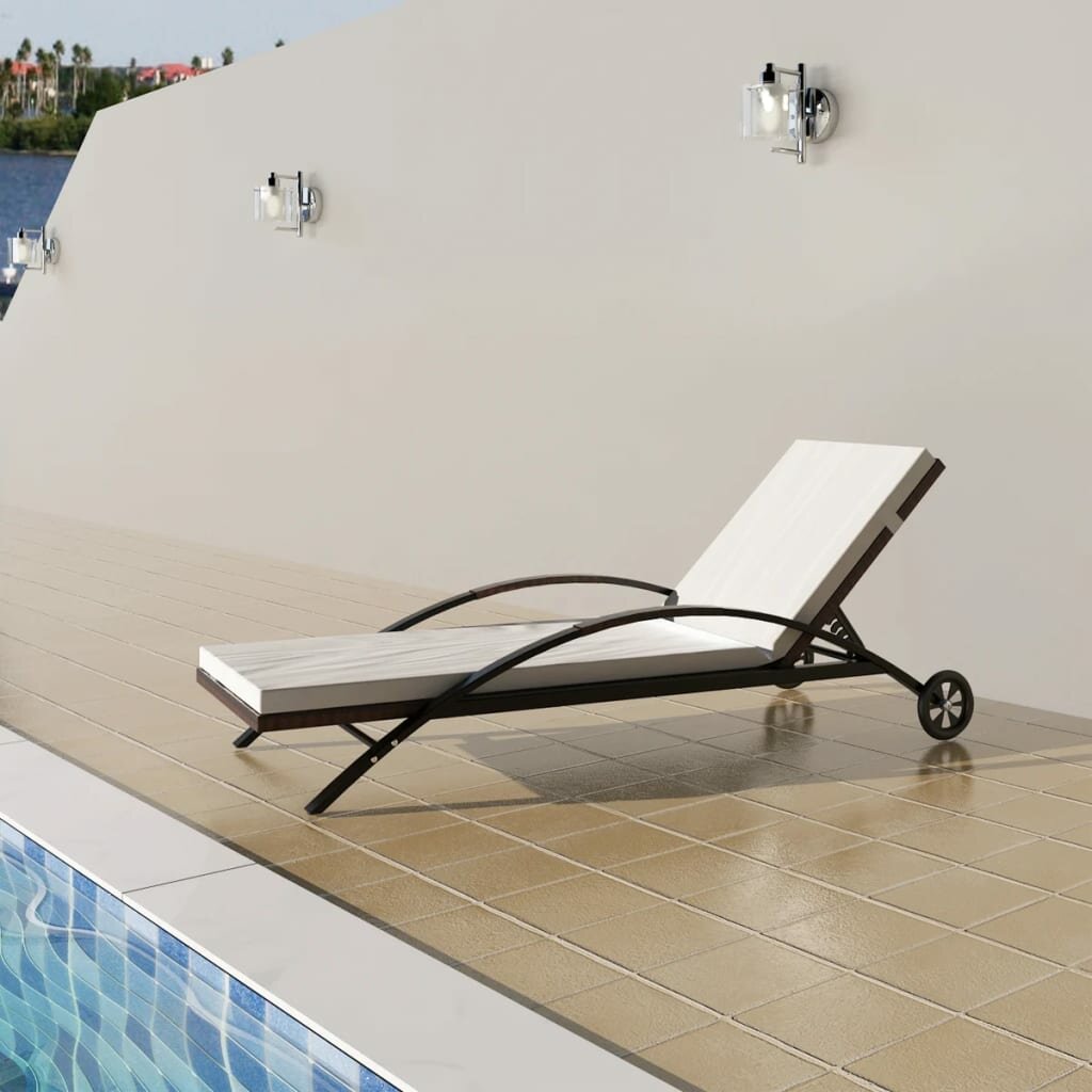 Image of Sun Lounger with Cushion & Wheels Poly Rattan Brown Outdoor Furniture
