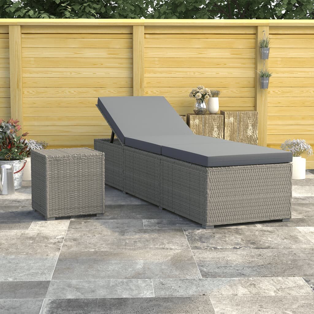 Image of Sun Lounger with Cushion and Tea Table Poly Rattan Gray