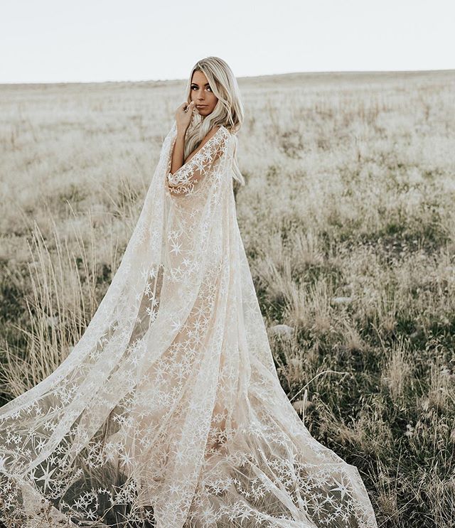 Image of SwooningDresses Dazzling Wedding Awesome Floral Print Star Bridal Gowns With Cape Bohemian Country Vestido De Noiva