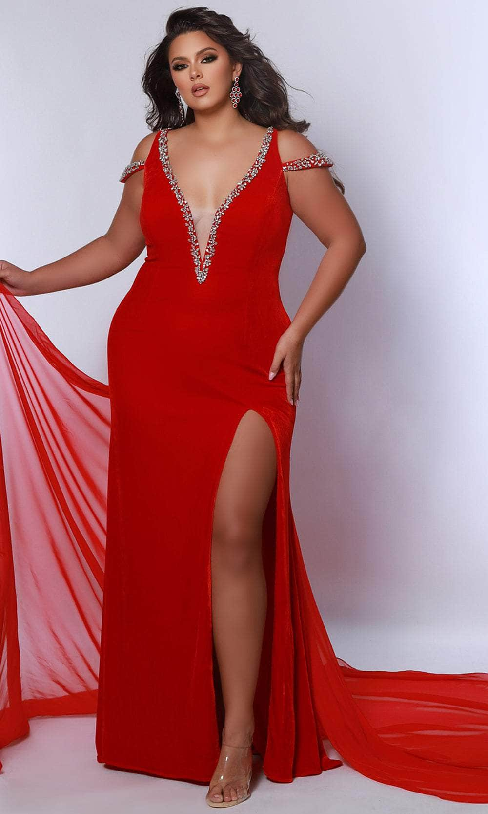 Image of Sydney's Closet JK2420 - Beaded Trim V-Neck Evening Dress