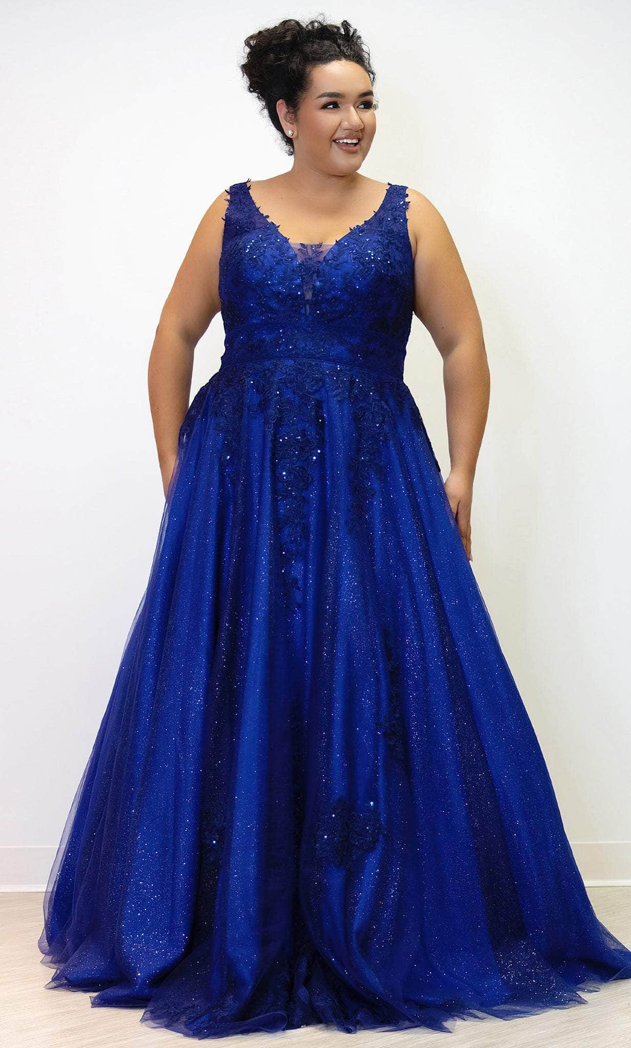 Image of Sydney's Closet SC7358 - Lace Appliqued Tulle Formal Gown