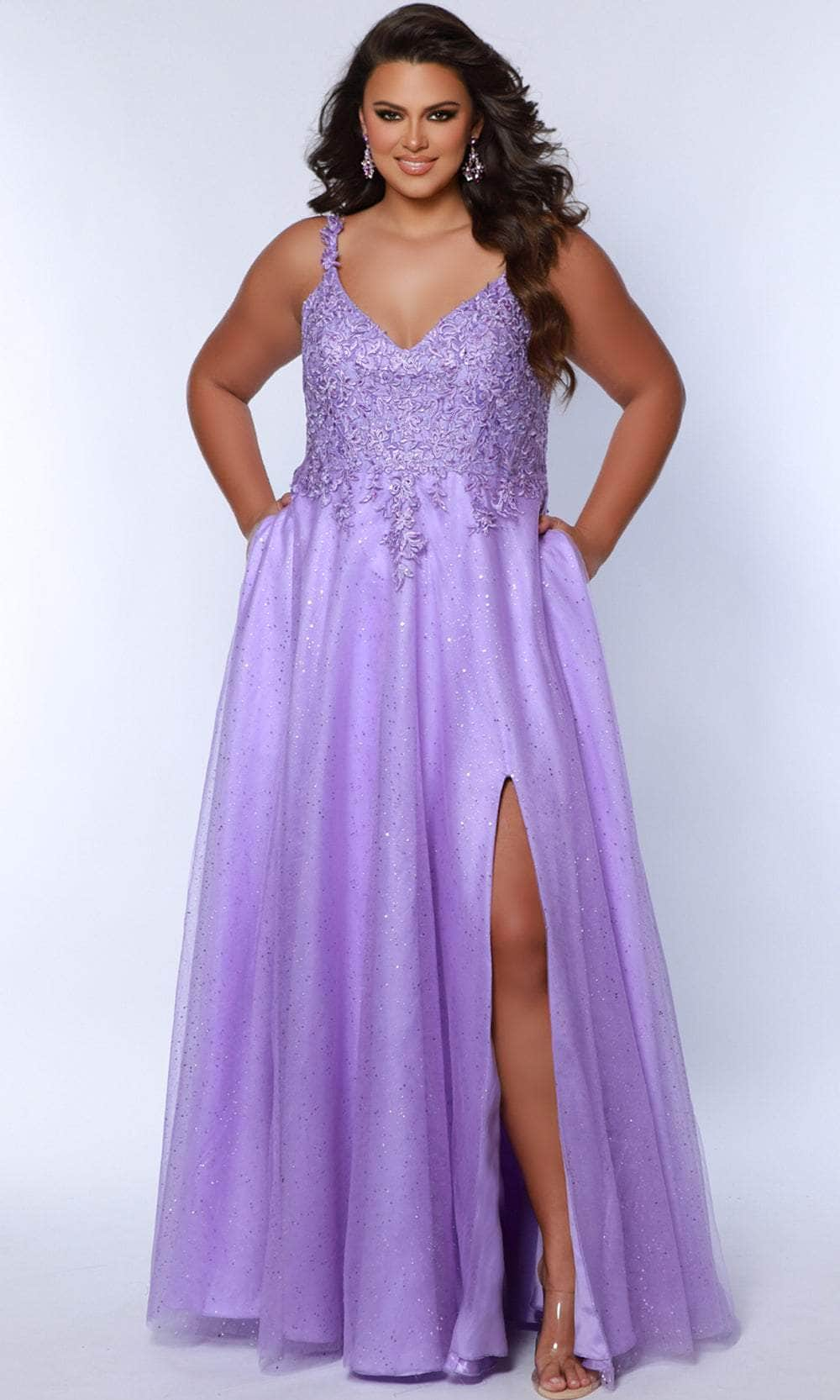 Image of Sydney's Closet SC7384 - Lace Appliqued V-Neck Prom Dress