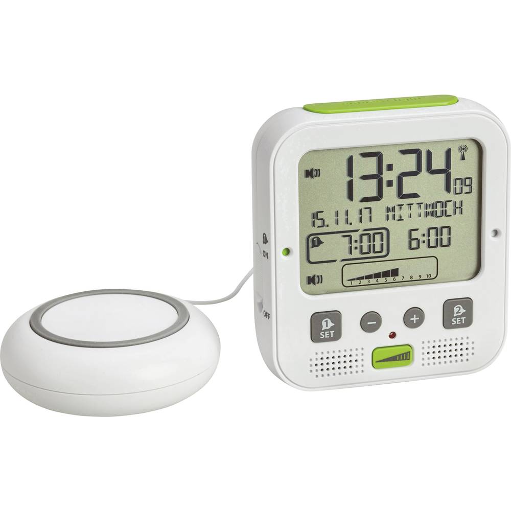 Image of TFA Dostmann 60253802 Radio Alarm clock White Green Alarm times 2 Vibration alarm High volume alarm  Large display