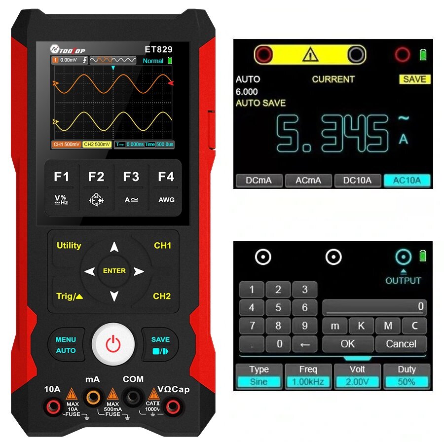 Image of TOOLTOP ET829 OSC + DMM + Waveform Generator 3 in 1 80MHz/50MHz Bandwidth Dual Channel Handheld Oscilloscope Innovative