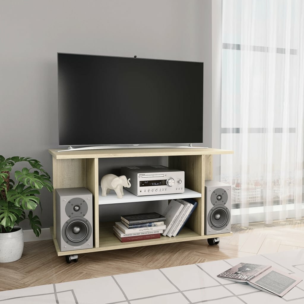 Image of TV Cabinet with Castors White and Sonoma Oak 315"x157"x157" Chipboard