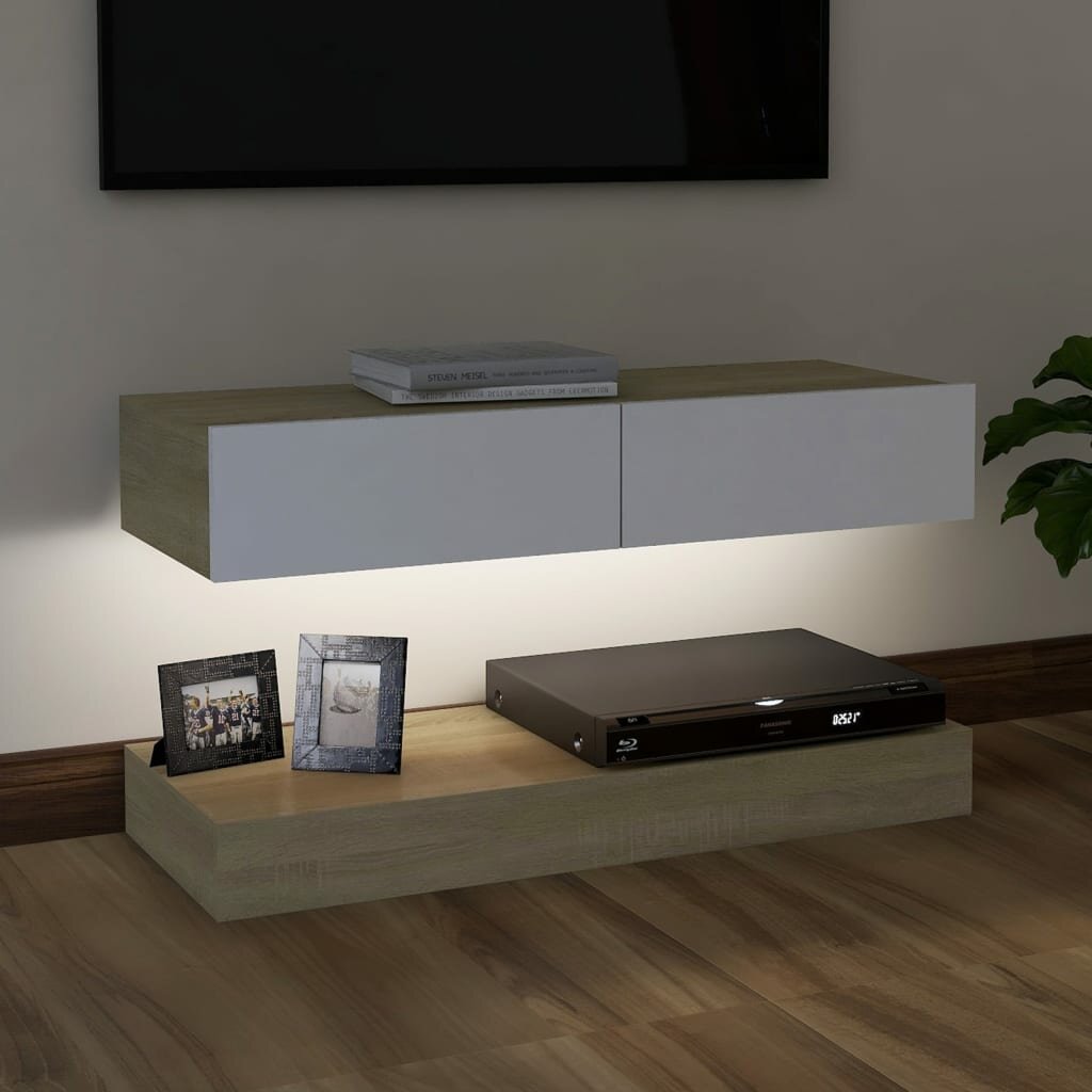 Image of TV Cabinet with LED Lights White and Sonoma Oak 354"x138"