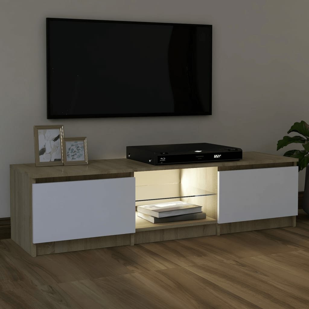 Image of TV Cabinet with LED Lights White and Sonoma Oak 472"x12"x14"
