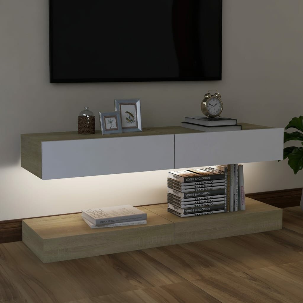 Image of TV Cabinets with LED Lights 2 pcs White and Sonoma Oak 236"x138"