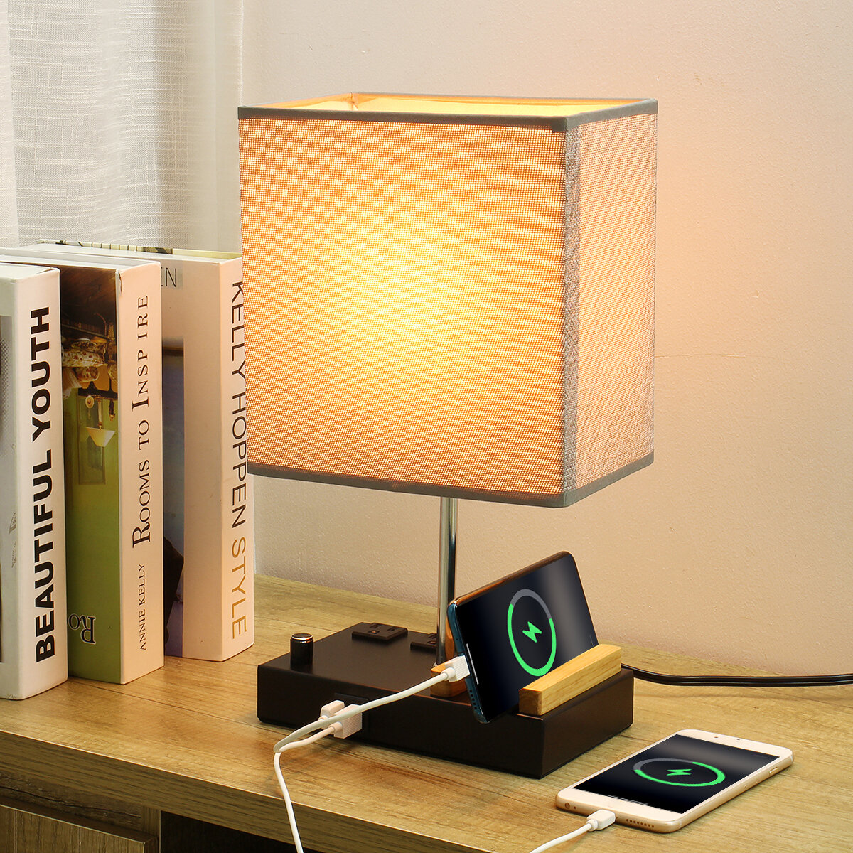 Image of Table Lamp with 2 Phone Stands Dimmable USB Lamp Grey Table Lamp Built in 2 USB Ports & 2 AC Outlet Bedside Lamps Idea