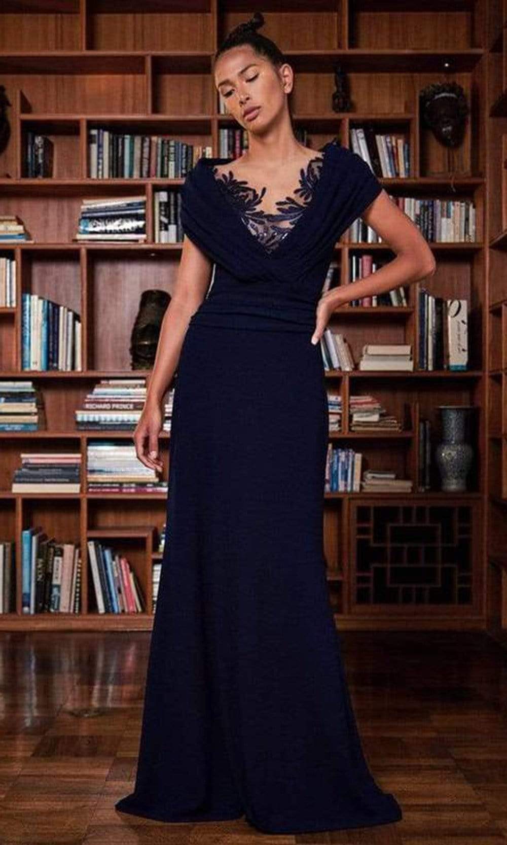 Image of Tadashi Shoji - Illusion Neck Wrap Collar Long Sheath Dress