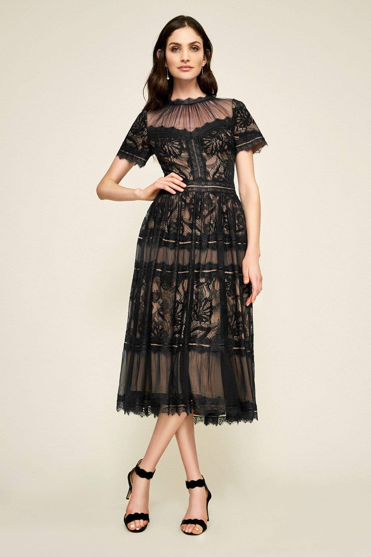 Image of Tadashi Shoji - Illusion Neckline Sheer Lace Tea Length Dress