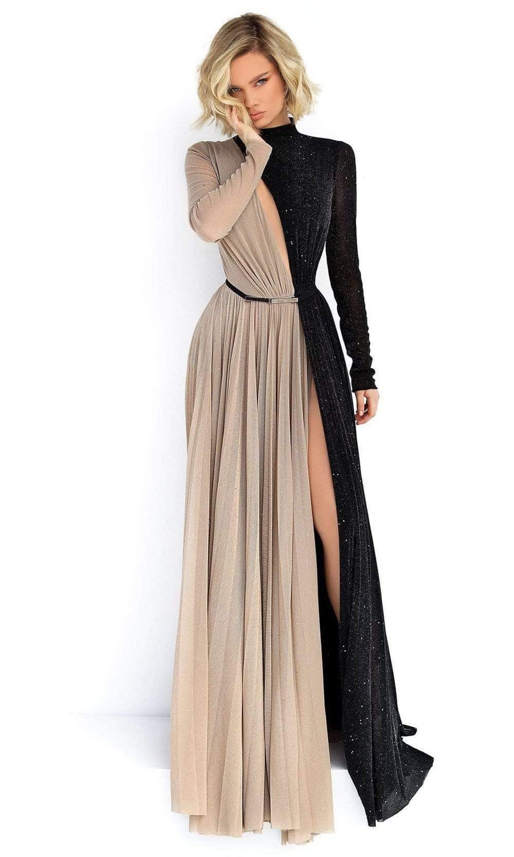 Image of Tarik Ediz - 50902 High Neck Long Sleeves Evening Dress