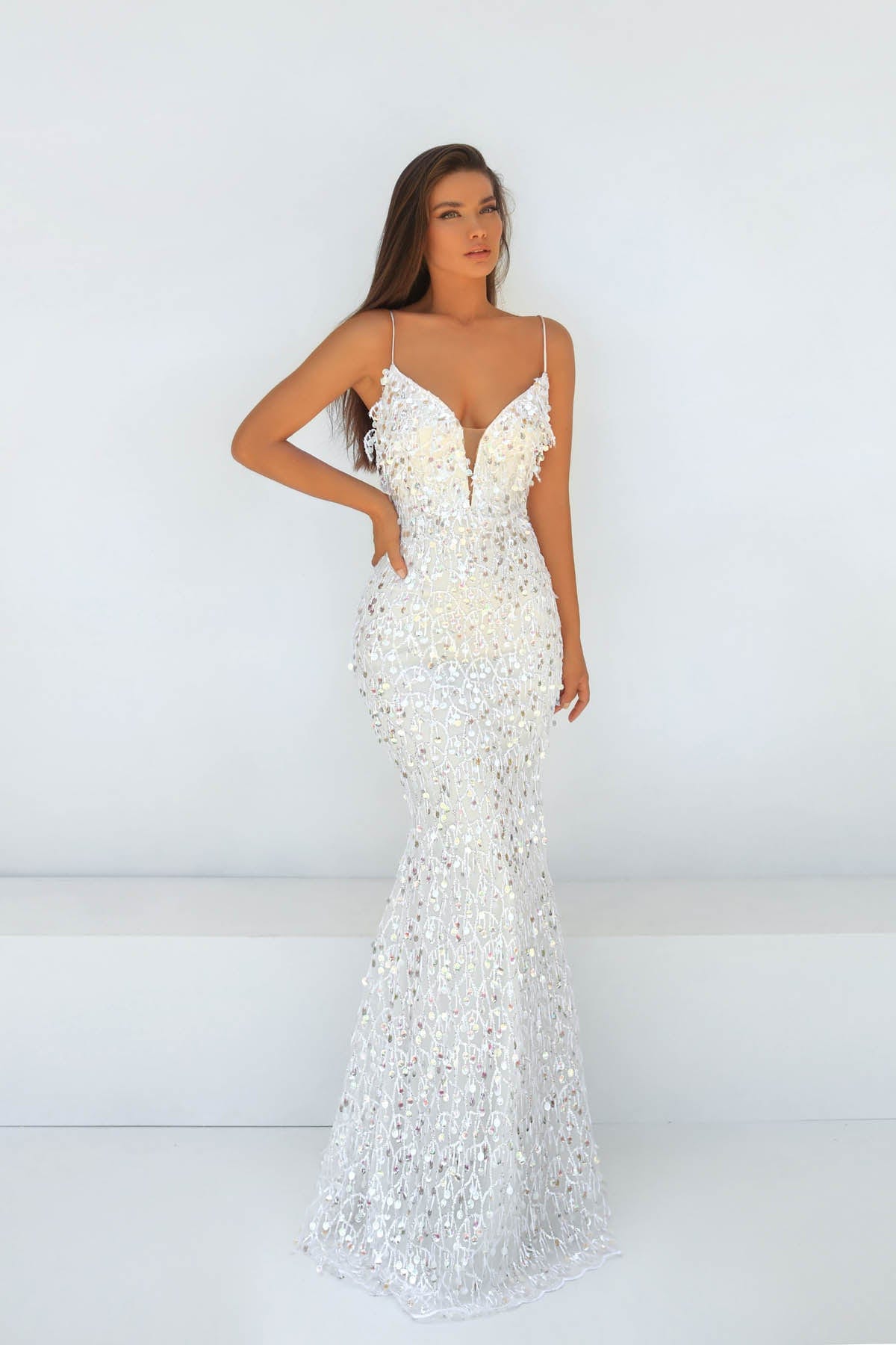 Image of Tarik Ediz - 51048 Sequin Ornate Fitted Evening Dress