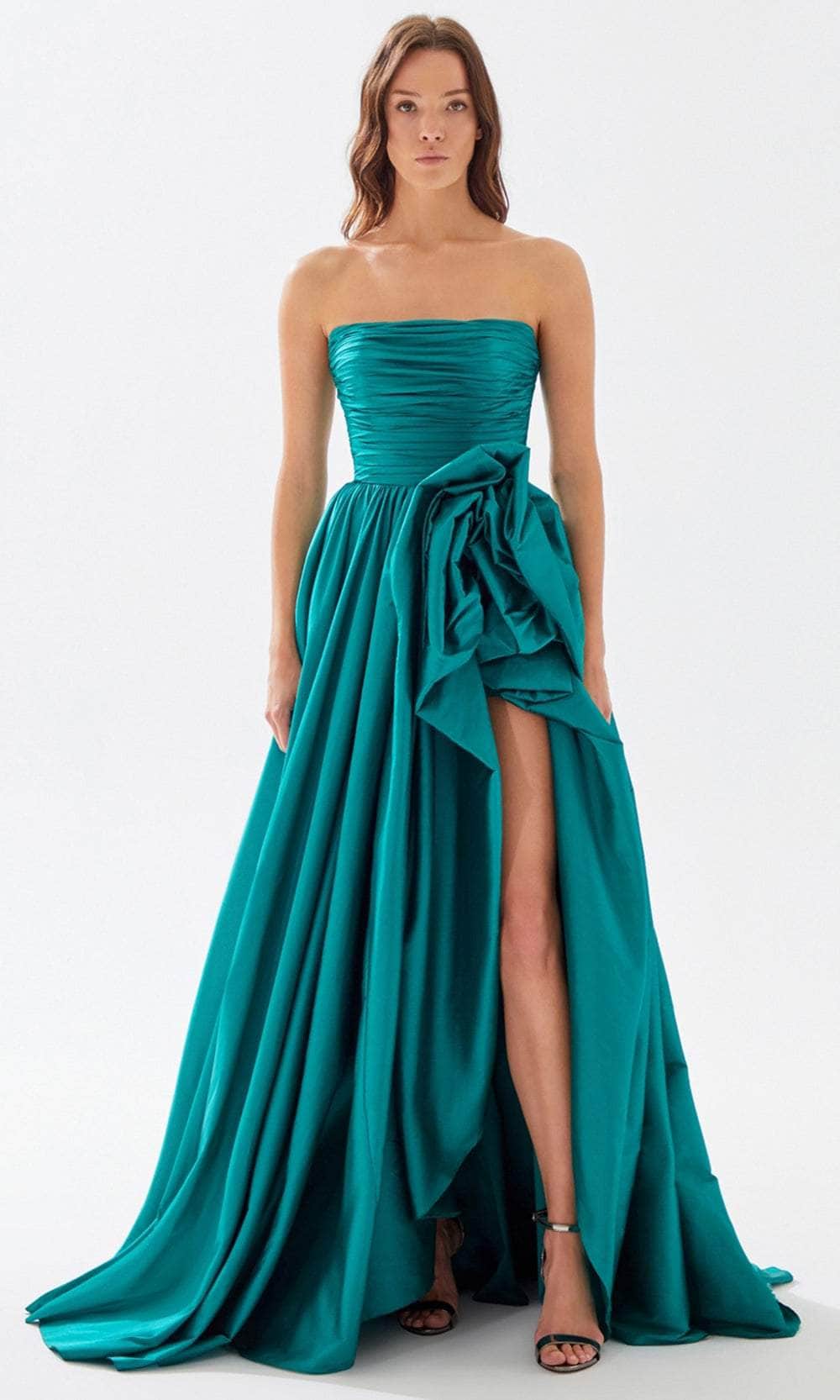 Image of Tarik Ediz 52118 - Rosette Detailed A-Line Prom Dress