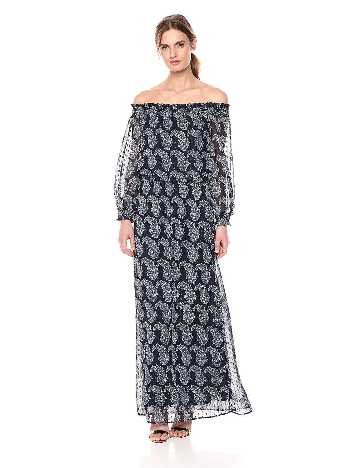 Image of Taylor - 9604M Off Shoulder Printed Chiffon Maxi Dress