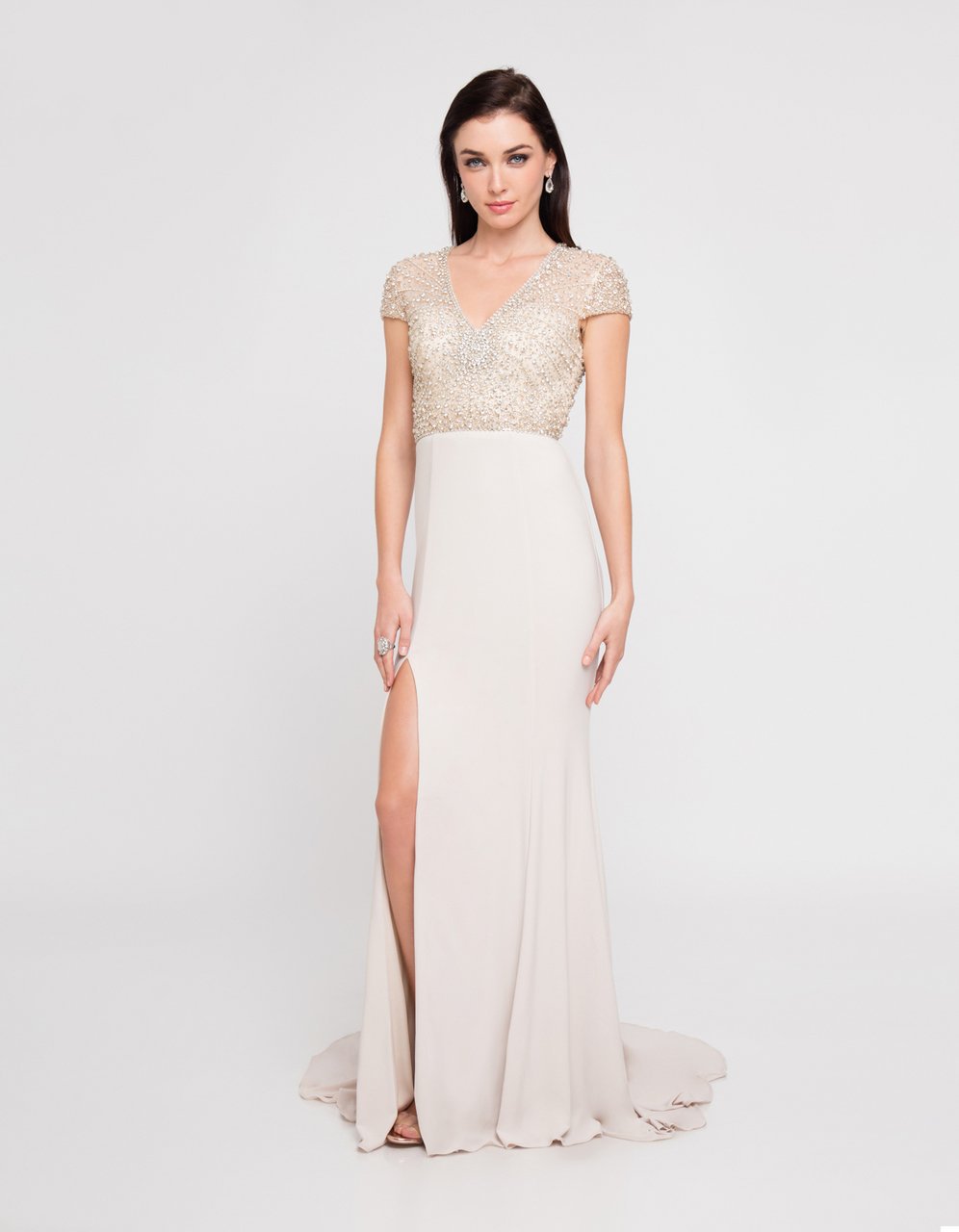 Image of Terani Couture - 1812M6655 Cap Sleeve Crystal Ornate High Slit Gown