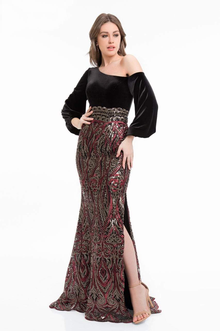 Image of Terani Couture - 1821E7124 Embroidered Asymmetrical Long Sleeves Gown