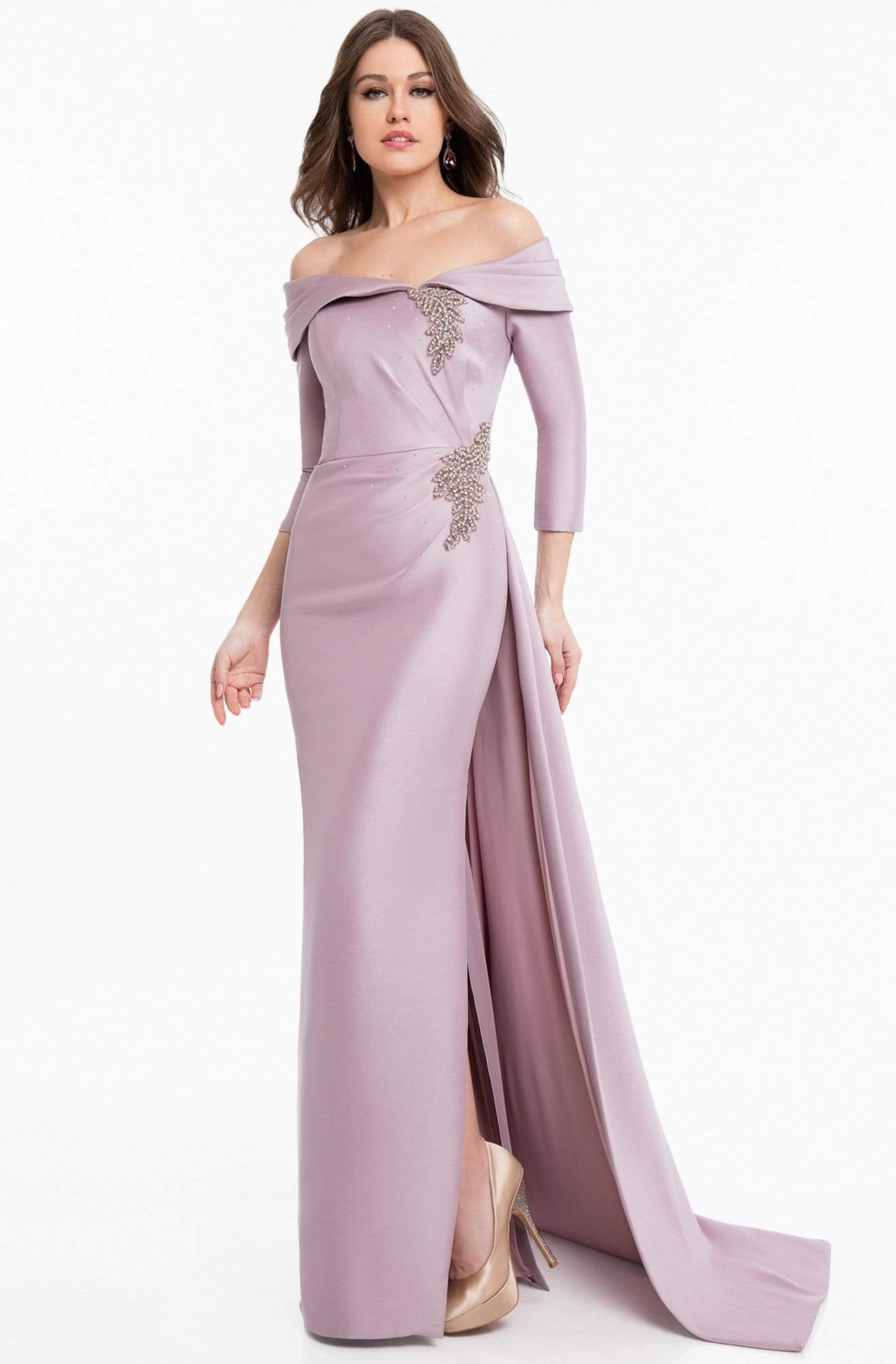 Image of Terani Couture - 1821M7550 Folded Off Shoulder Quarter Sleeve Gown