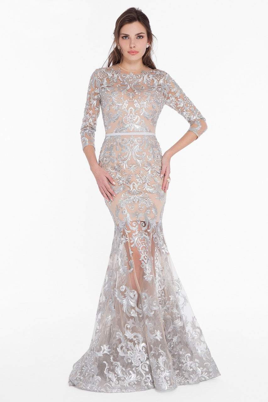 Image of Terani Couture - 1822GL7509 Embroidered Sheer Jewel Trumpet Dress