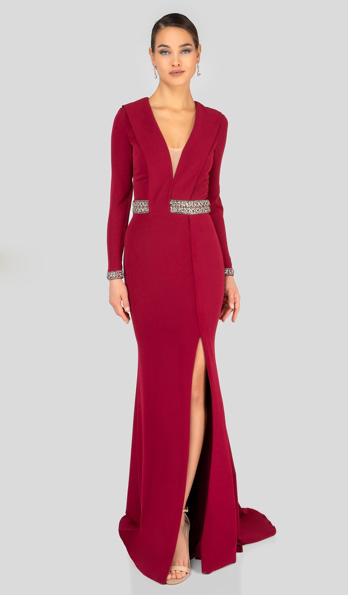 Image of Terani Couture - 1911E9116 Long Sleeve High Slit Long Formal Dress