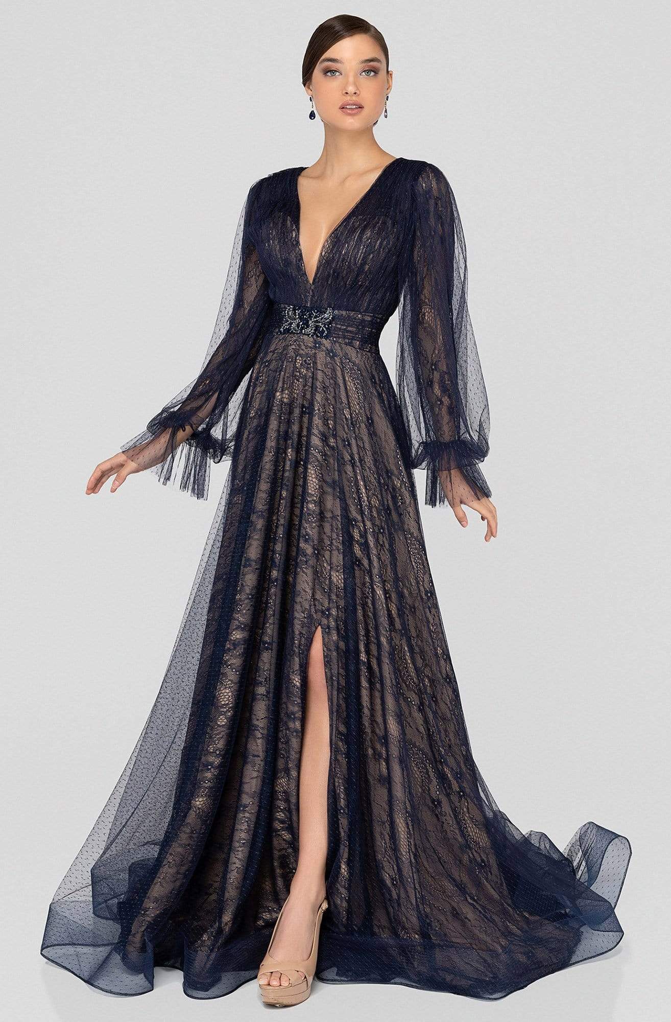 Image of Terani Couture - 1913M9414 Lace Plunging V-neck A-line Dress