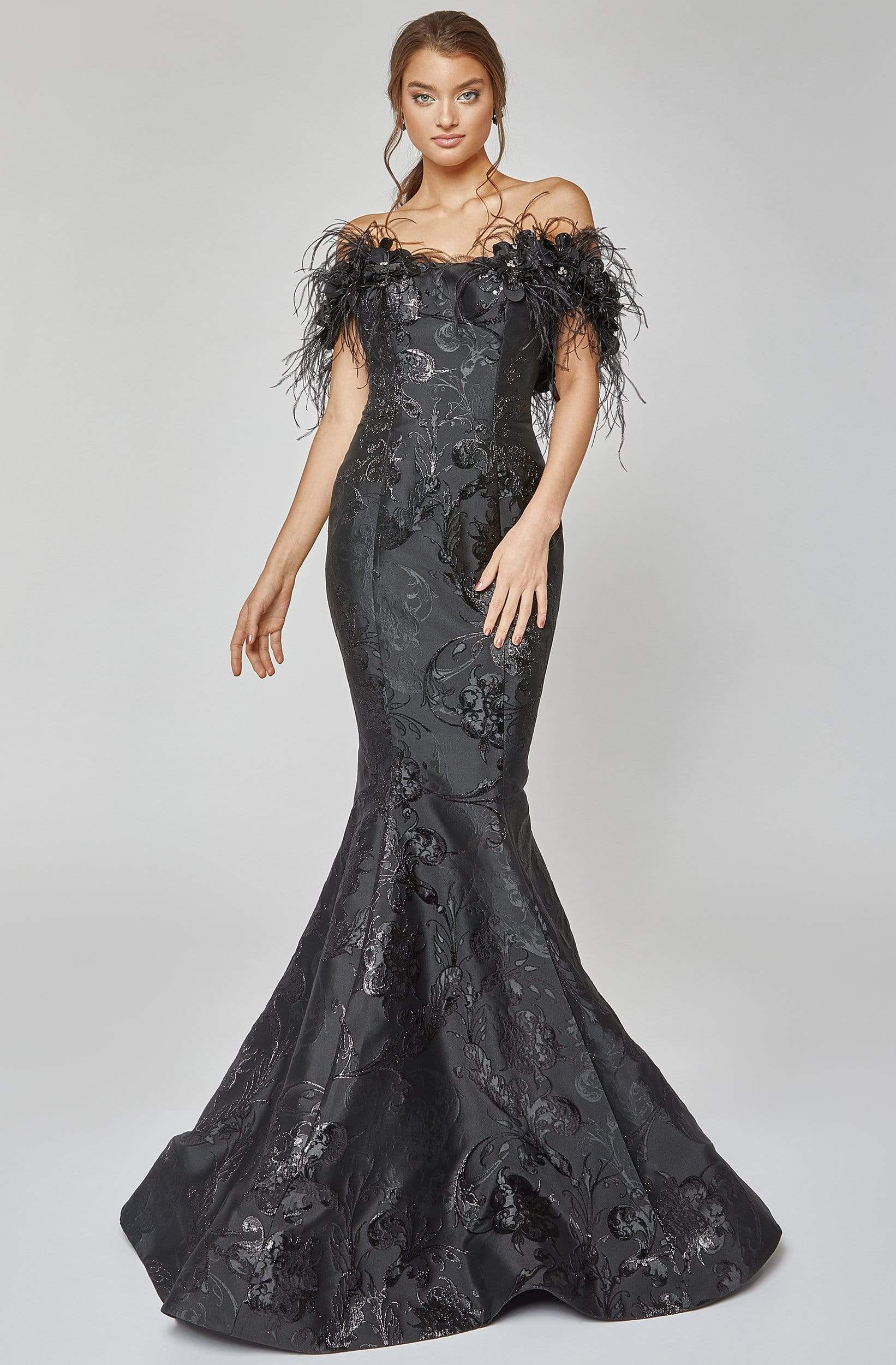 Image of Terani Couture - 1921E0136 Feather Off Shoulder Mermaid Evening Gown