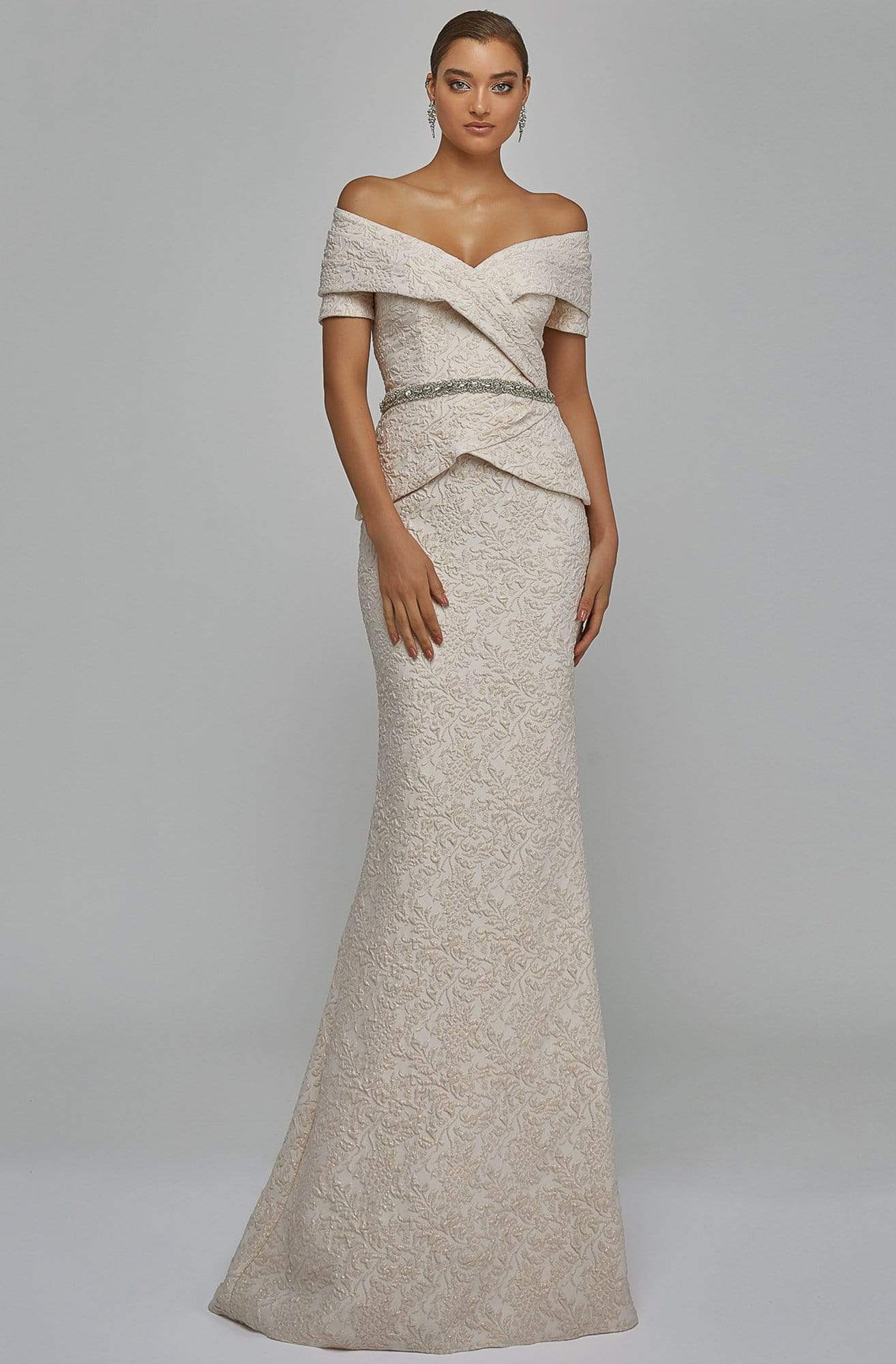 Image of Terani Couture - 1921M0727 Off-Shoulder V-Neck Mother of the Groom Sheath Gown