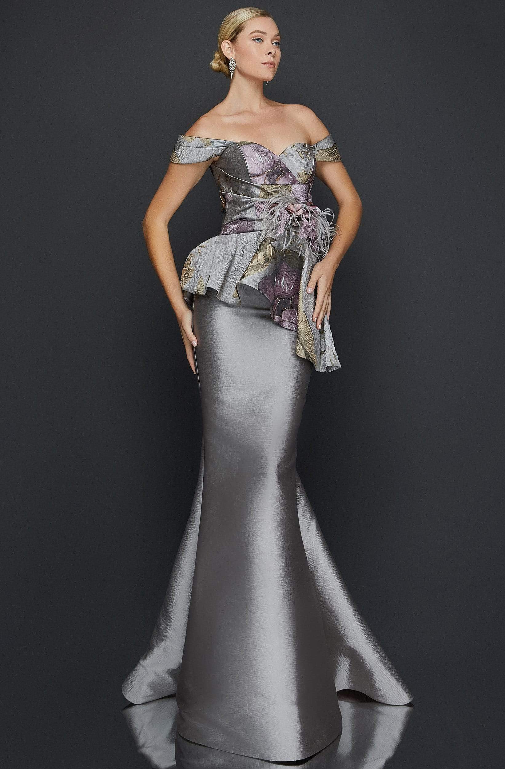 Image of Terani Couture - 2011E2425 Floral Print Off-Shoulder Mermaid Dress