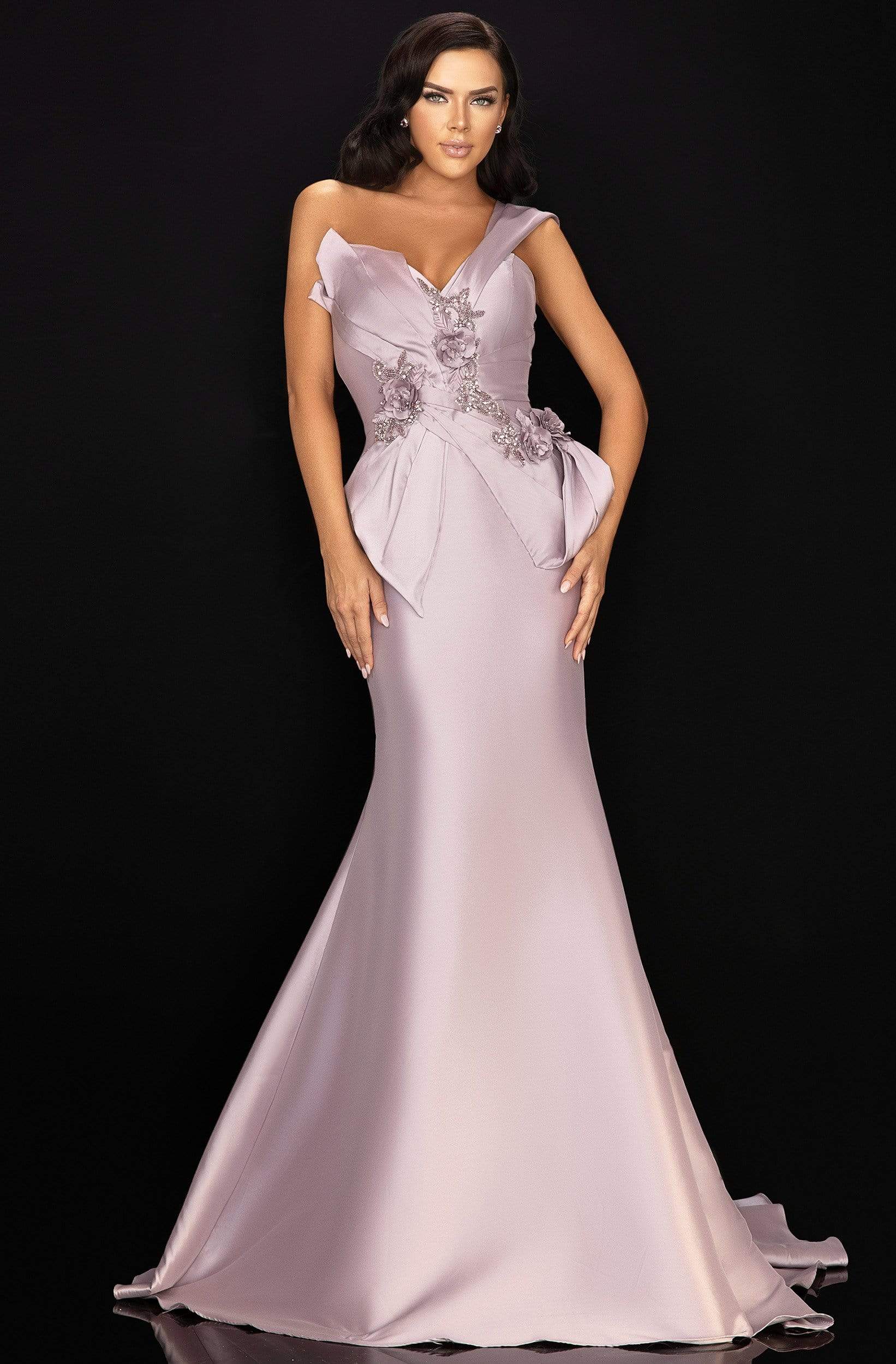 Image of Terani Couture - 2011M2160 Beaded Floral Bodice Knot-Ornate Gown