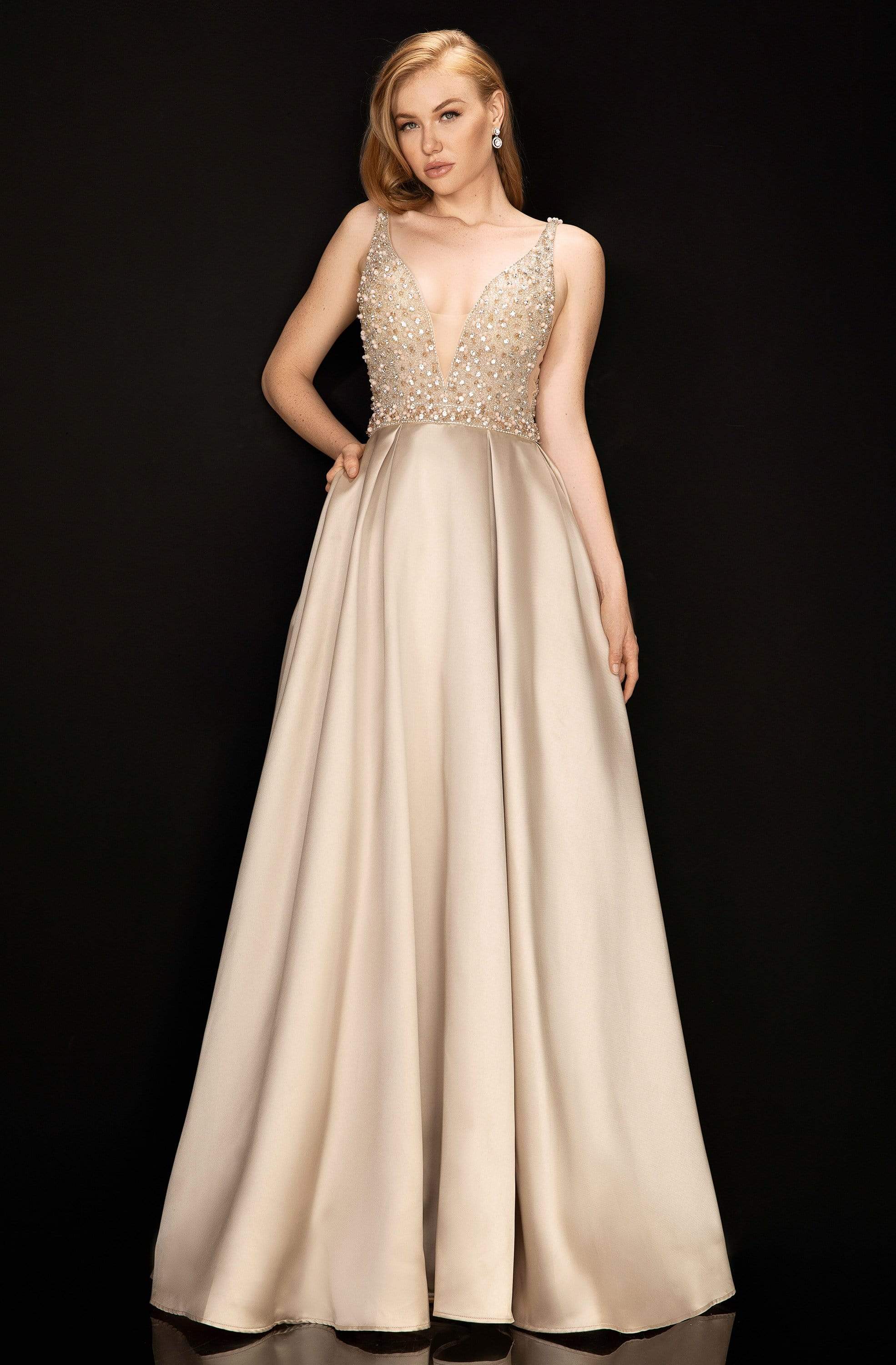 Image of Terani Couture - 2011P1094 Embellished Deep V-neck Pleated A-line Gown