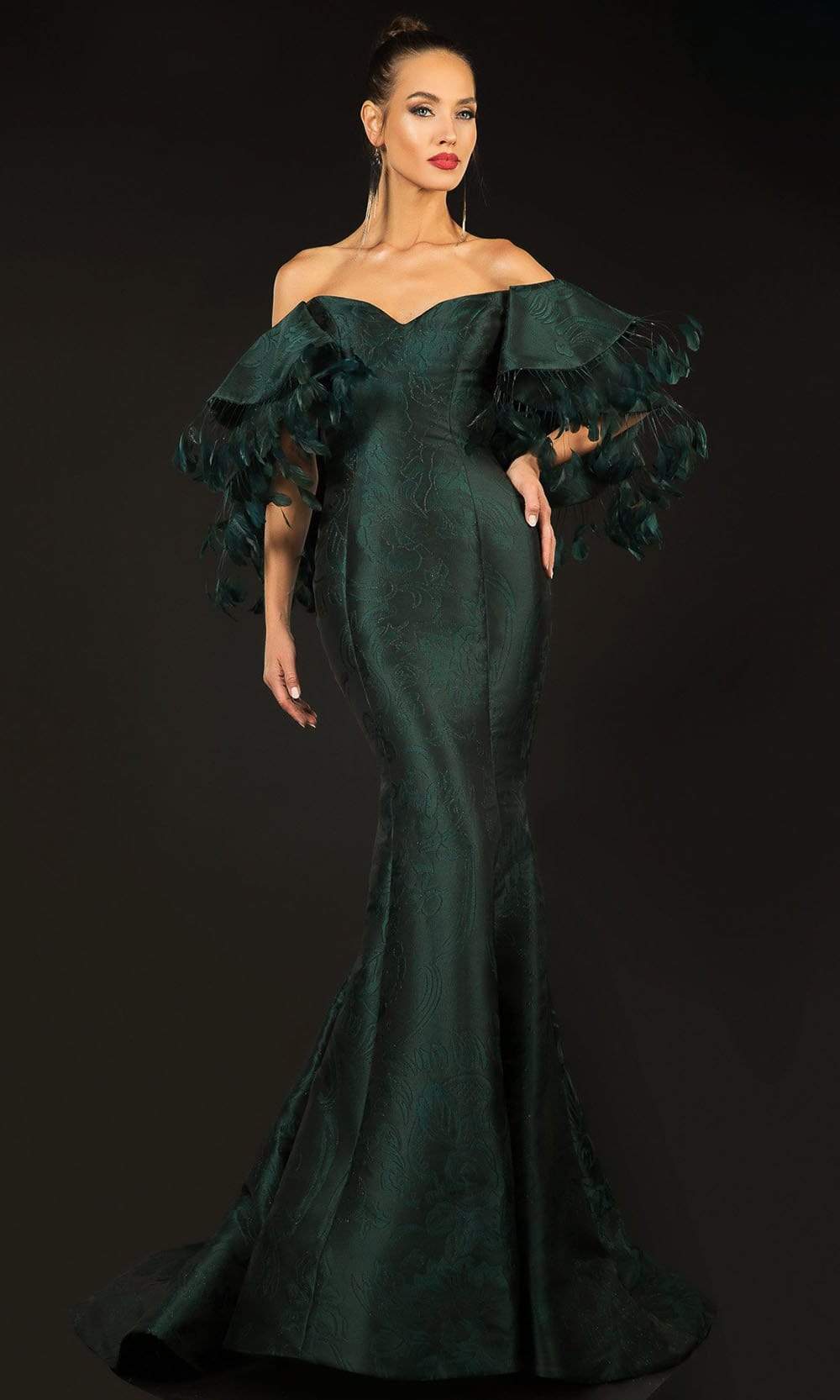 Image of Terani Couture - 2021E2796 Feather Trimmed Off Shoulder Jacquard Gown