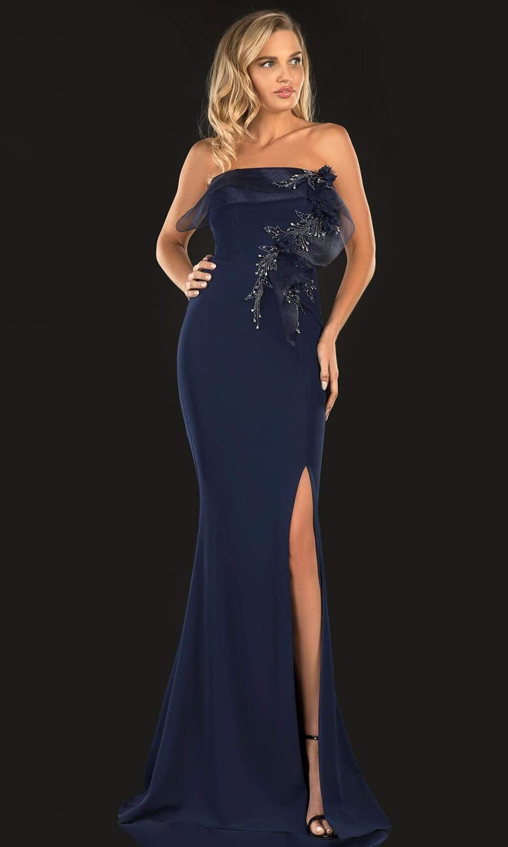 Image of Terani Couture - 2021E2818 Strapless Ribbon Accent Slit Sheath Gown