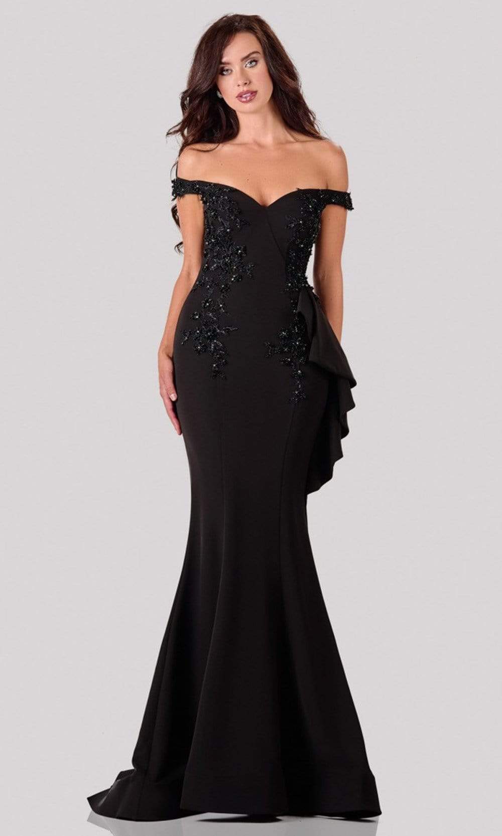 Image of Terani Couture - 2111E4732 Off-Shoulder Beaded Applique Trumpet Gown