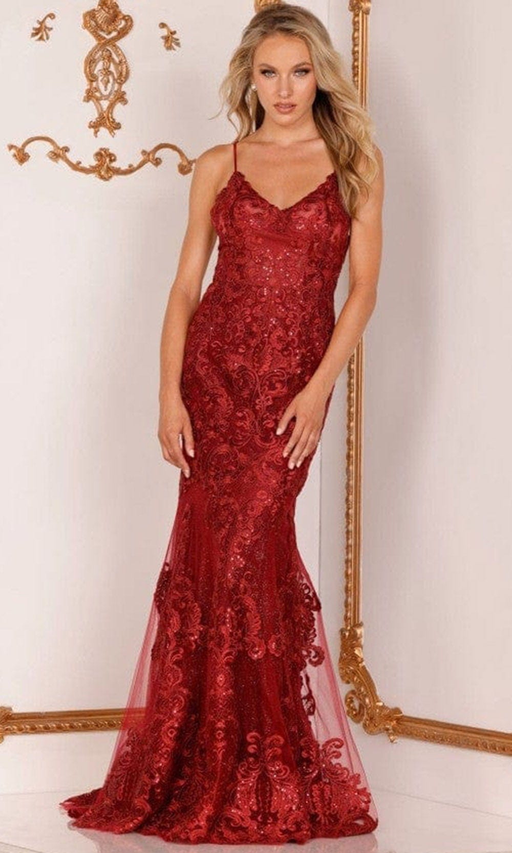 Image of Terani Couture - 2215P0029 V-Neck Embroidered Trumpet Gown