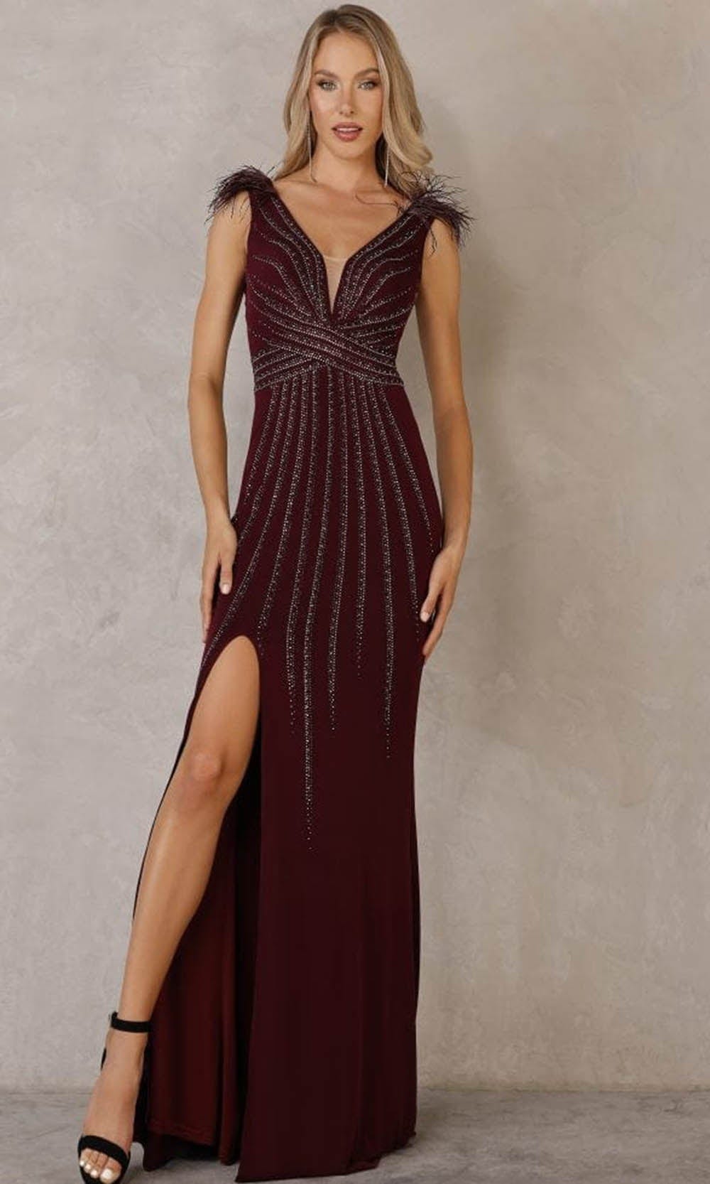 Image of Terani Couture - 2215P0036 V-Neck Beaded Sheath Gown