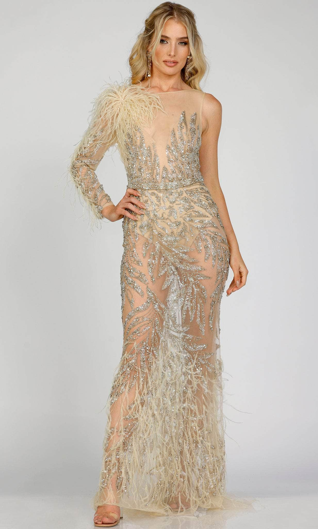 Image of Terani Couture 231GL0439 - Feathered Illusion Evening Gown