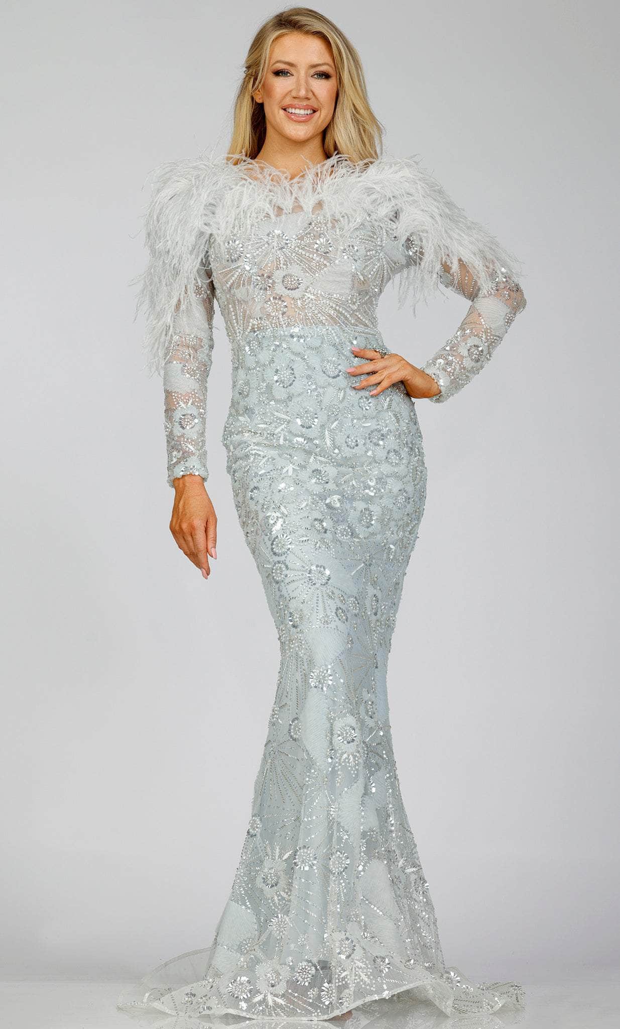 Image of Terani Couture 231M0491 - Fur Ornate Mermaid Evening Gown