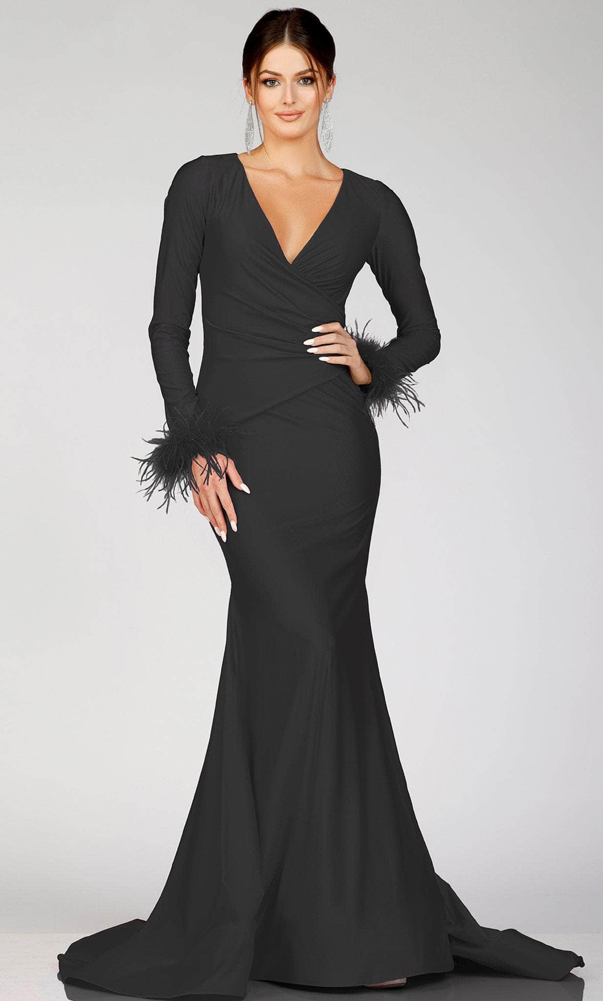 Image of Terani Couture 231P0074 - Long Sleeve Feathered Detailed Evening Gown
