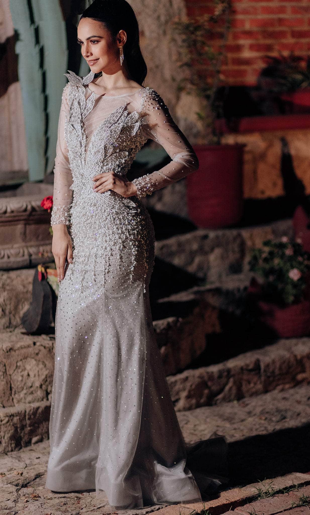 Image of Terani Couture 232GL1454 - Sheer Beaded Long Sleeve Evening Dress