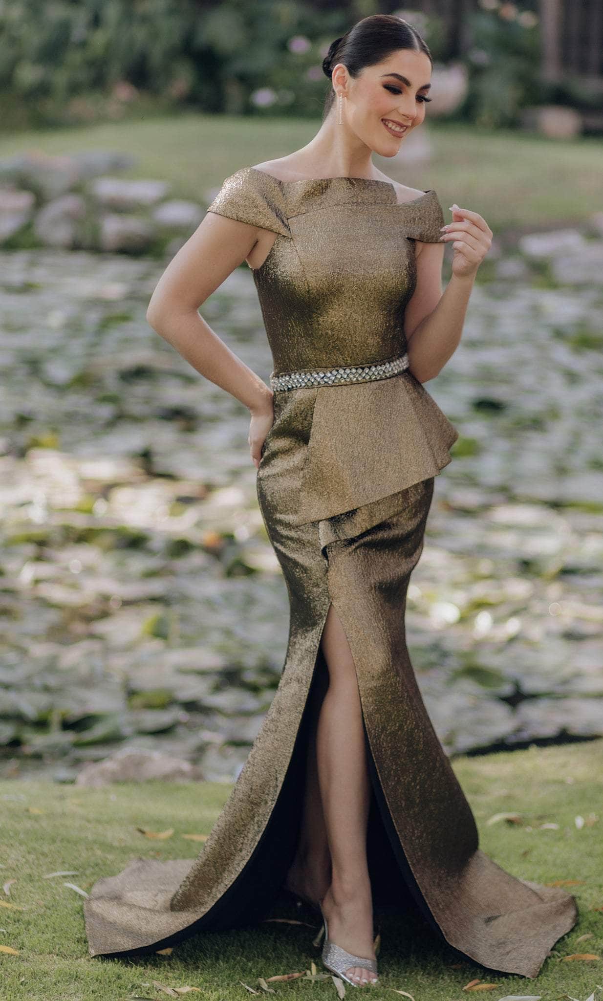 Image of Terani Couture 232M1555 - Off-Shoulder Rhinestone Beaded Belt Evening Dress