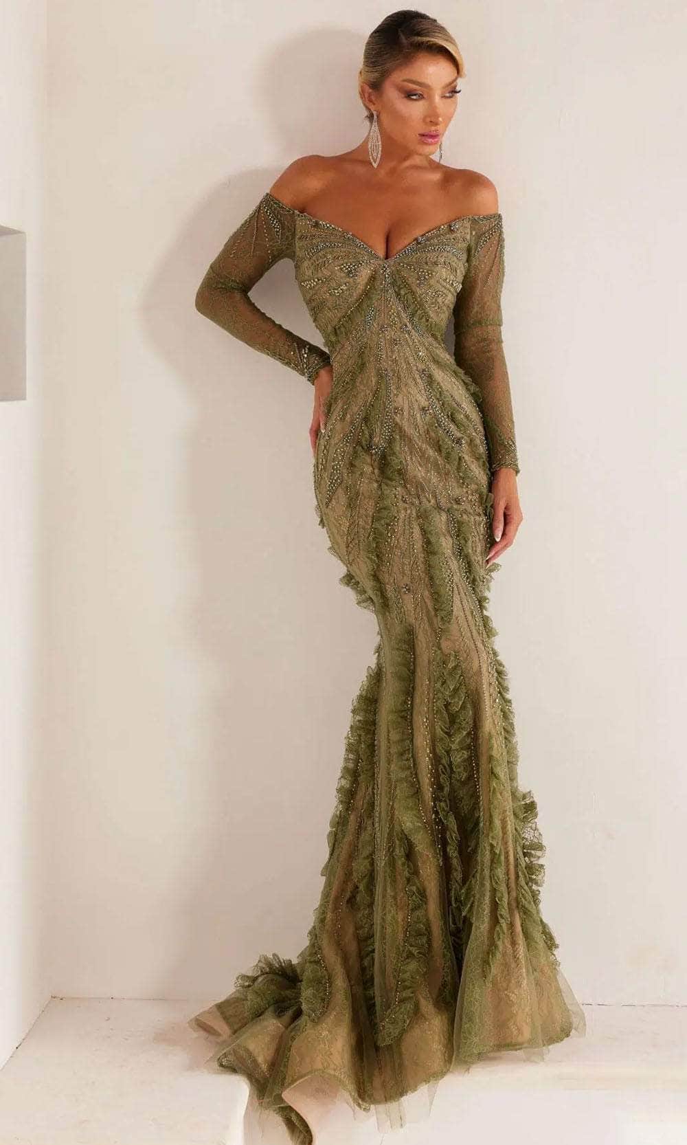 Image of Terani Couture 241GL2628 - Off-Shoulder Long Sleeve Evening Dress