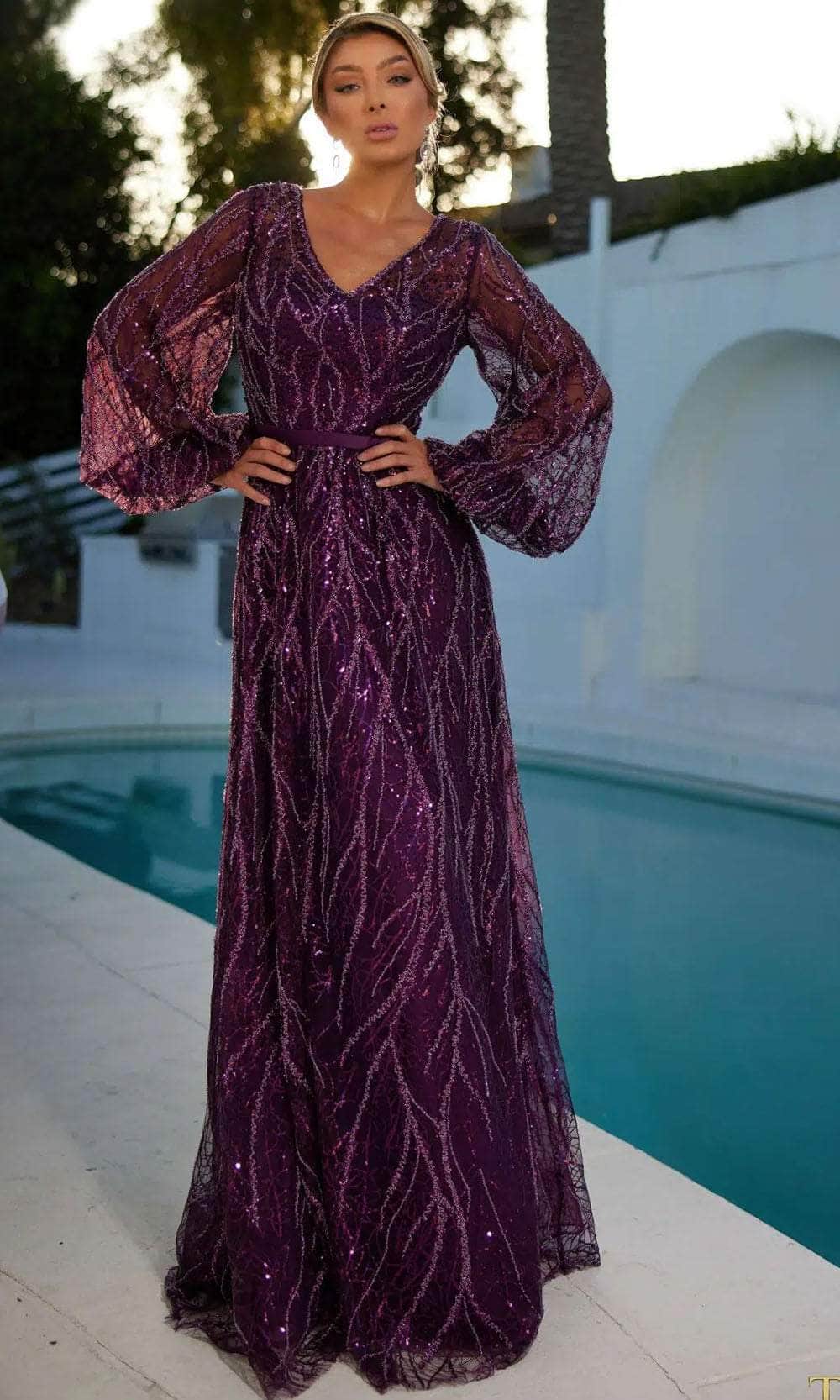 Image of Terani Couture 241M2739 - Long Sleeve V-Neck Evening Dress